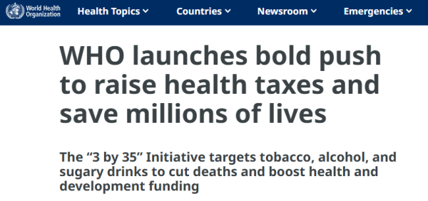 晟红网 世卫组织倡议各国征收健康税：将烟草、酒精和含糖饮料提价五成